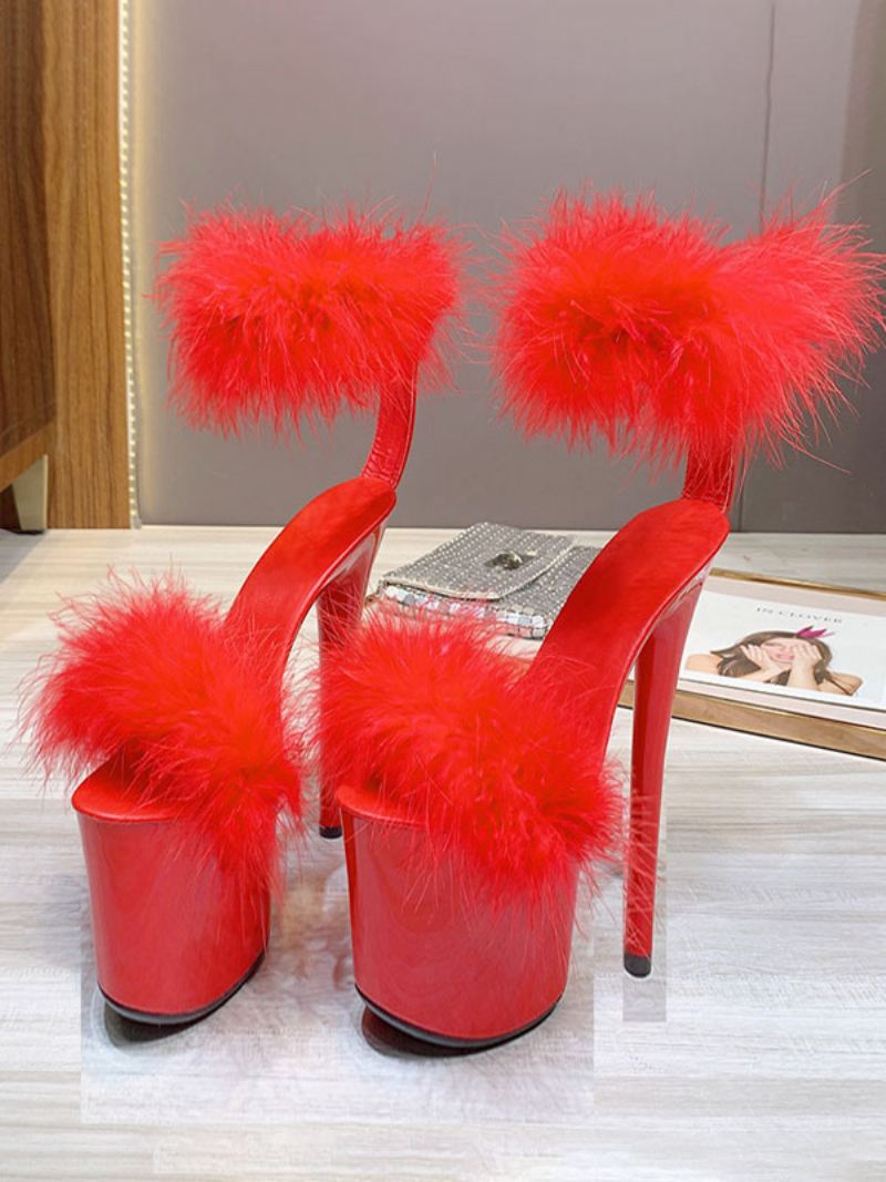 Zwarte Pleaser-laarzen Dames Sexy Platformdansschoenen Met Hoge Hak Kunstveerdetail - Rood