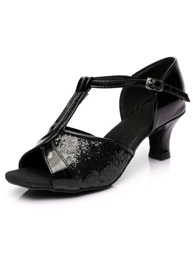 Zwarte T-type Bandage Glitter Ballroomschoenen Dames - Zwart