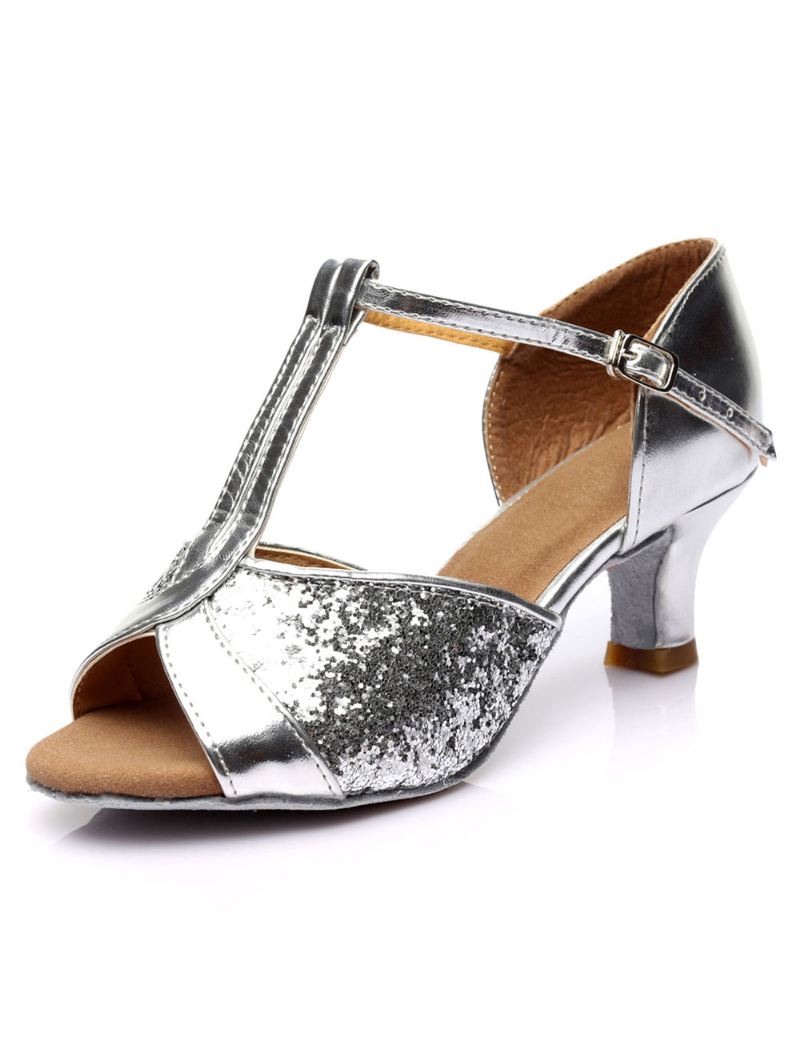 Zwarte T-type Bandage Glitter Ballroomschoenen Dames - Zilver