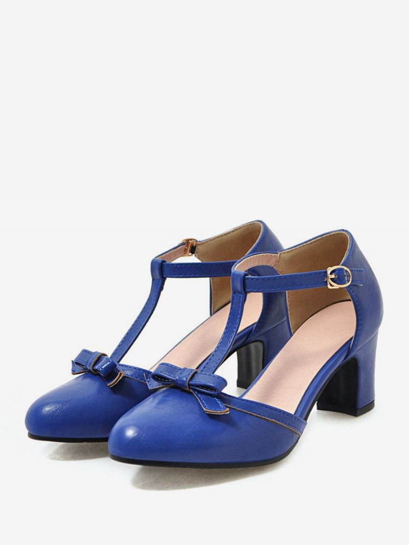 Dames Gele Vintage Schoenen Puntige Teen Boog T-riem Dikke Hakpompen - Blauw