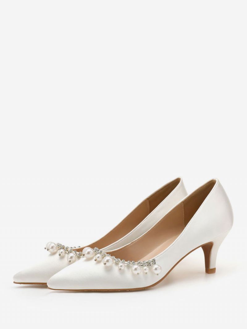 Dames Halfhoge Hakken Elegant Puntige Neus Kitten Heel Instappers Mooie Parels Witte Bruiloft Pumps &