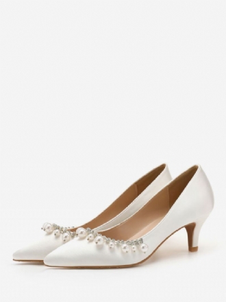 Dames Halfhoge Hakken Elegant Puntige Neus Kitten Heel Instappers Mooie Parels Witte Bruiloft Pumps &