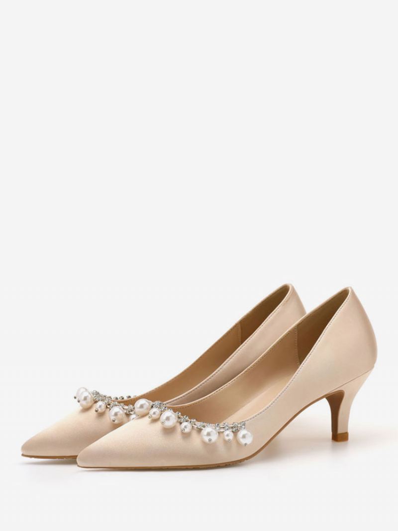 Dames Halfhoge Hakken Elegant Puntige Neus Kitten Heel Instappers Mooie Parels Witte Bruiloft Pumps & - Lichtgeel