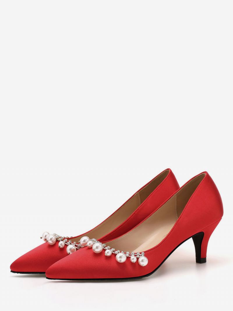 Dames Halfhoge Hakken Elegant Puntige Neus Kitten Heel Instappers Mooie Parels Witte Bruiloft Pumps & - Rood