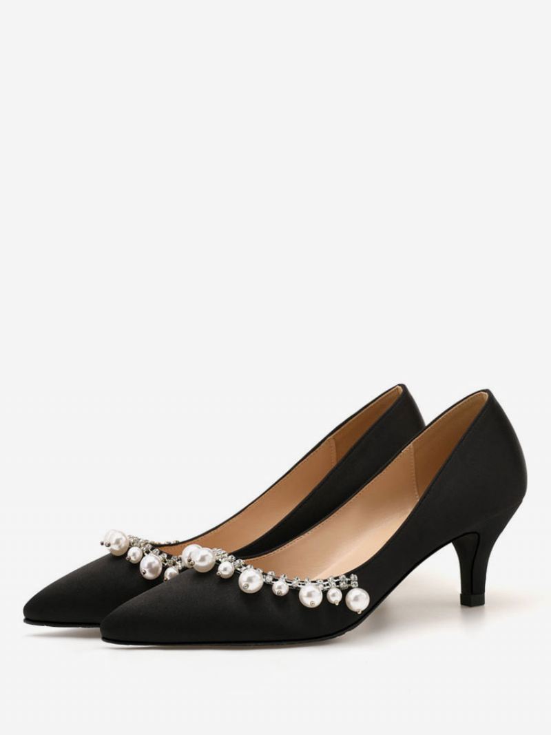 Dames Halfhoge Hakken Elegant Puntige Neus Kitten Heel Instappers Mooie Parels Witte Bruiloft Pumps & - Zwart