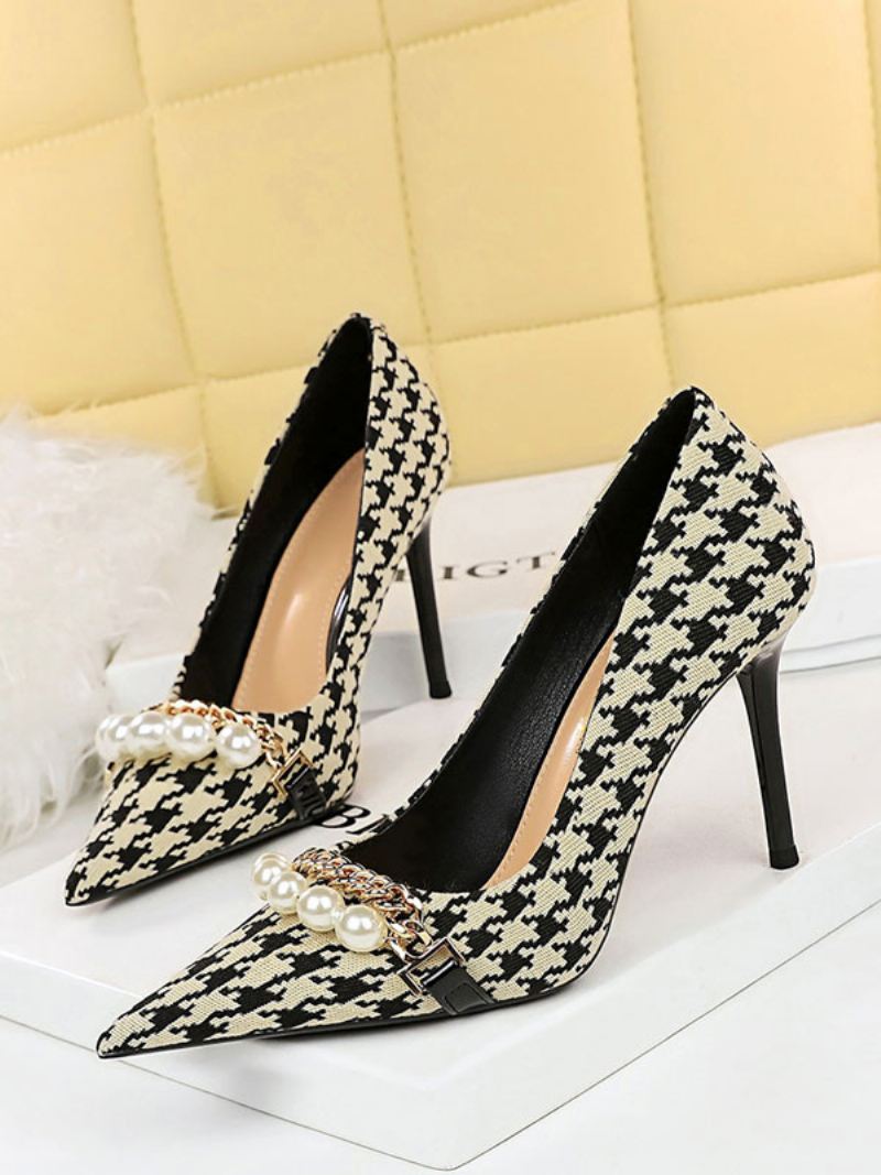 Dames Hoge Hakken Geruite Parels Pumps Chique Puntige Neus Naaldhak Polyester