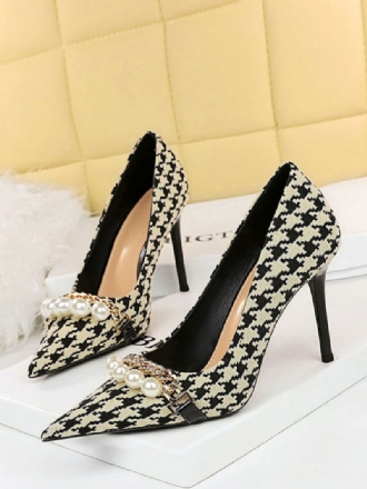 Dames Hoge Hakken Geruite Parels Pumps Chique Puntige Neus Naaldhak Polyester