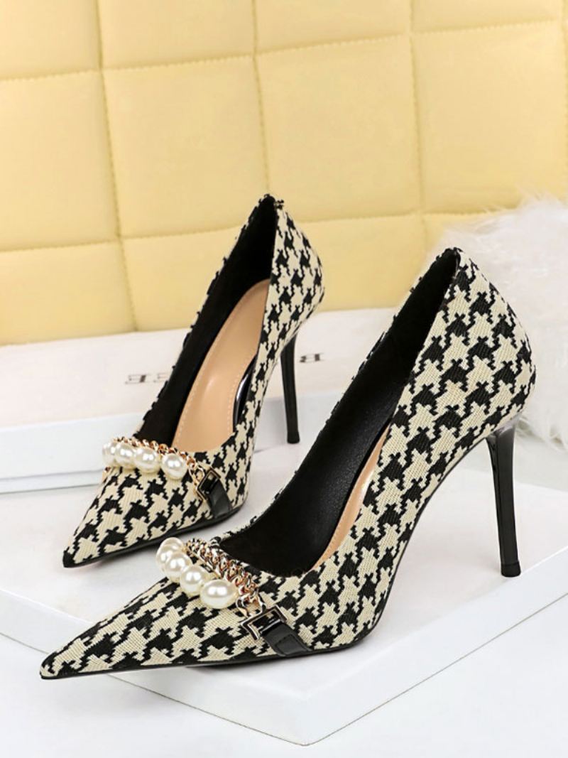 Dames Hoge Hakken Geruite Parels Pumps Chique Puntige Neus Naaldhak Polyester - Zwart