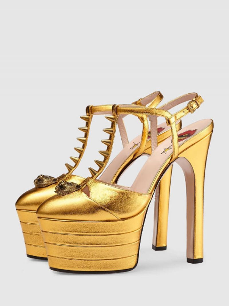 Dames Hoge Hakken Platform Ronde Neus Hak T-type Sexy Pumps - Goud