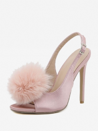 Dames Hoge Hakken Satijn Open Teen Stiletto Hak Slingback Pumps Met Pompons