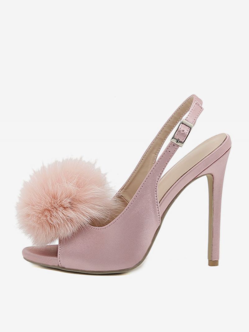 Dames Hoge Hakken Satijn Open Teen Stiletto Hak Slingback Pumps Met Pompons - Lichtroze