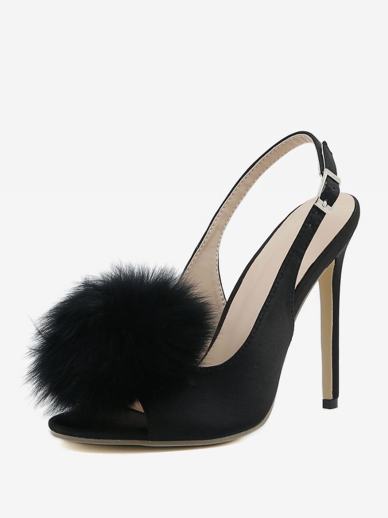 Dames Hoge Hakken Satijn Open Teen Stiletto Hak Slingback Pumps Met Pompons - Zwart