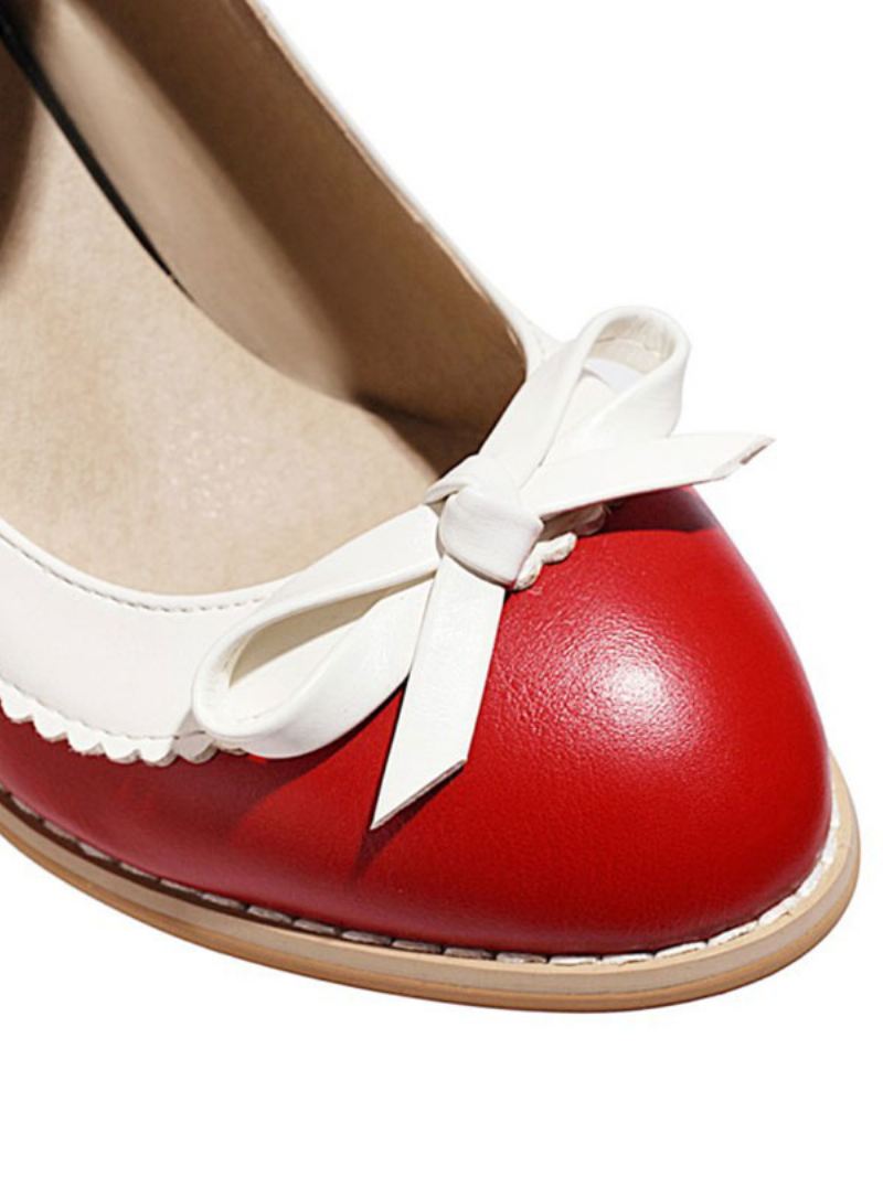 Dames Mid Lage Hakken Rode Ronde Neus Pu Lederen Veterschoenen Dikke Hak Elegante Pumps Vintage Schoenen - Rood