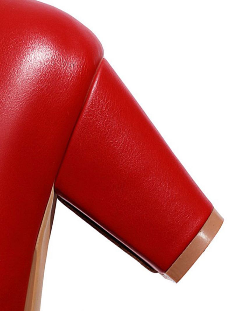 Dames Mid Lage Hakken Rode Ronde Neus Pu Lederen Veterschoenen Dikke Hak Elegante Pumps Vintage Schoenen - Rood