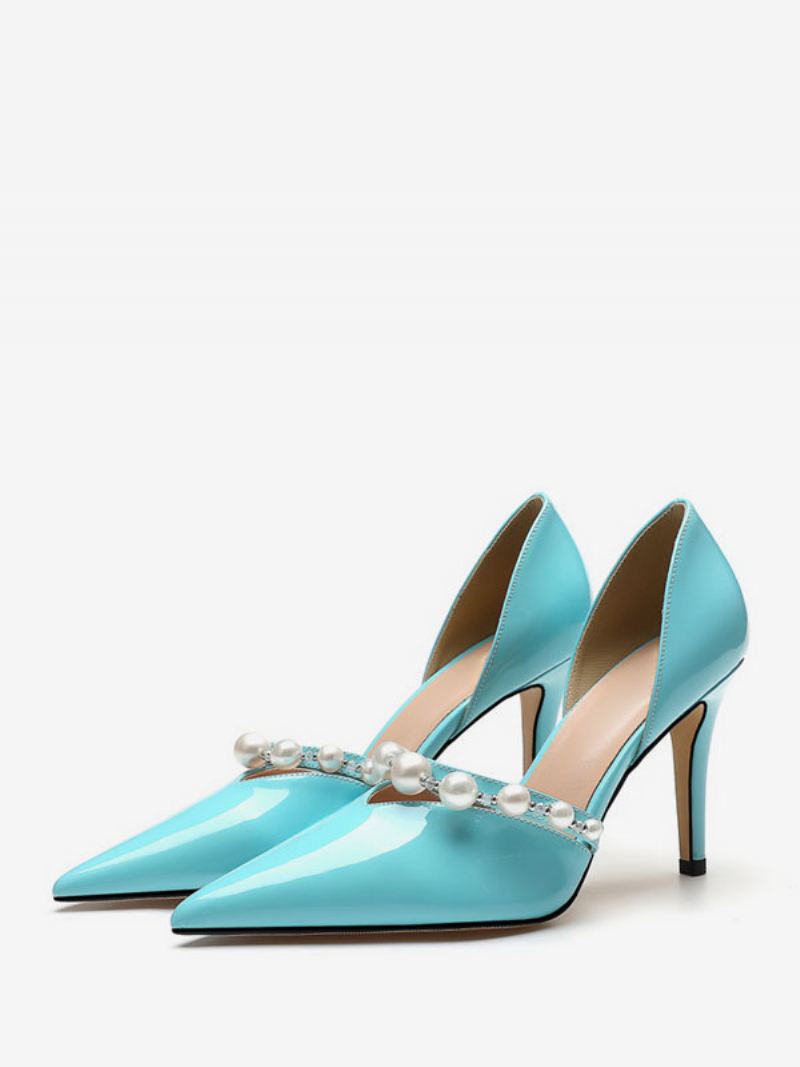 Dames Naakt Hoge Hakken Parels Puntige Stiletto Hak Bruidsschoenen - Blauw