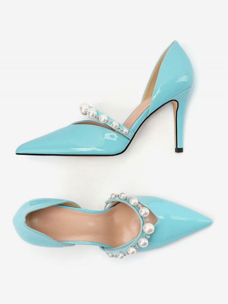 Dames Naakt Hoge Hakken Parels Puntige Stiletto Hak Bruidsschoenen - Blauw