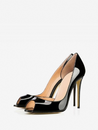 Dames Peep Toe Hakken Lakleer Stiletto Hoge Hak Pompen Zwart