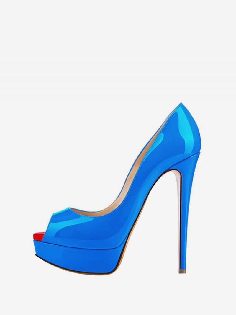 Dames Platform Peep Toe Hakken Lakleer Naaldhak Sexy Feestpumps - Blauw