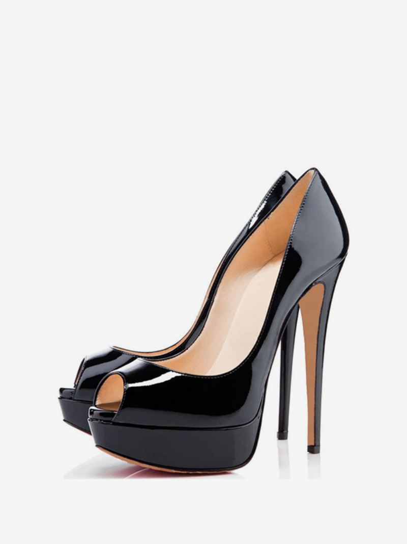 Dames Platform Peep Toe Hakken Lakleer Naaldhak Sexy Feestpumps - Zwart