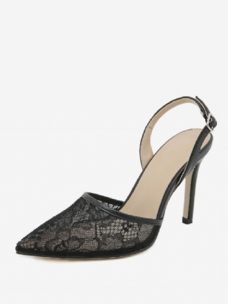 Dames Slingback Hakken Knopen Kant Naaldhak Zwarte Pumps