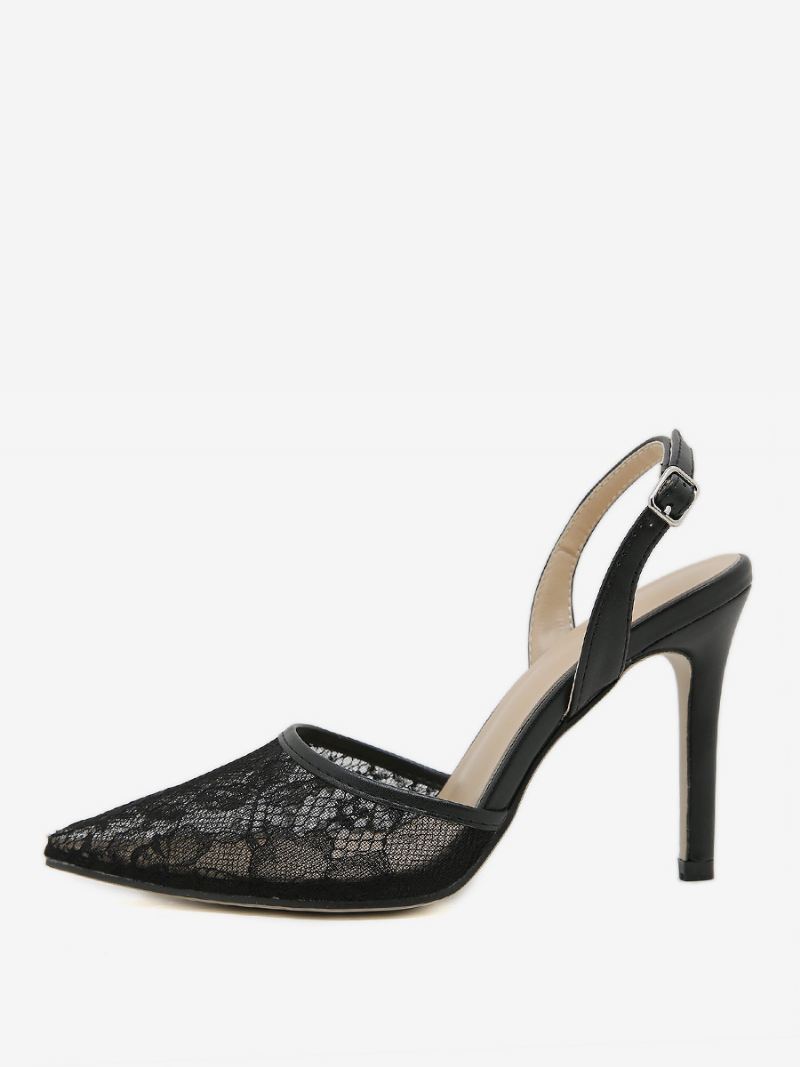 Dames Slingback Hakken Knopen Kant Naaldhak Zwarte Pumps - Zwart