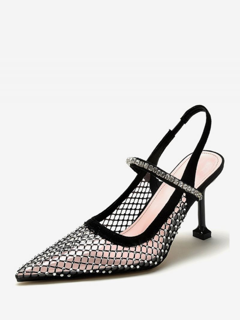 Dames Slingback Hakken Mesh Zwarte Strass Steentjes Naaldhak Pumps Feestschoenen