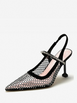 Dames Slingback Hakken Mesh Zwarte Strass Steentjes Naaldhak Pumps Feestschoenen