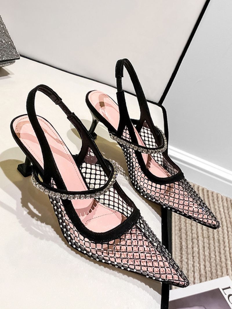 Dames Slingback Hakken Mesh Zwarte Strass Steentjes Naaldhak Pumps Feestschoenen - Zwart