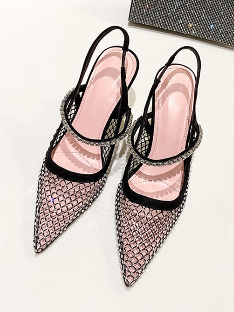 Dames Slingback Hakken Mesh Zwarte Strass Steentjes Naaldhak Pumps Feestschoenen - Zwart