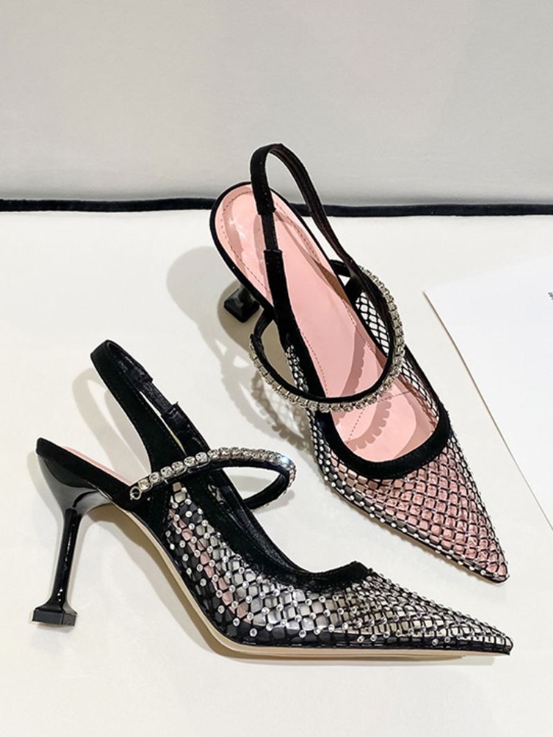 Dames Slingback Hakken Mesh Zwarte Strass Steentjes Naaldhak Pumps Feestschoenen - Zwart