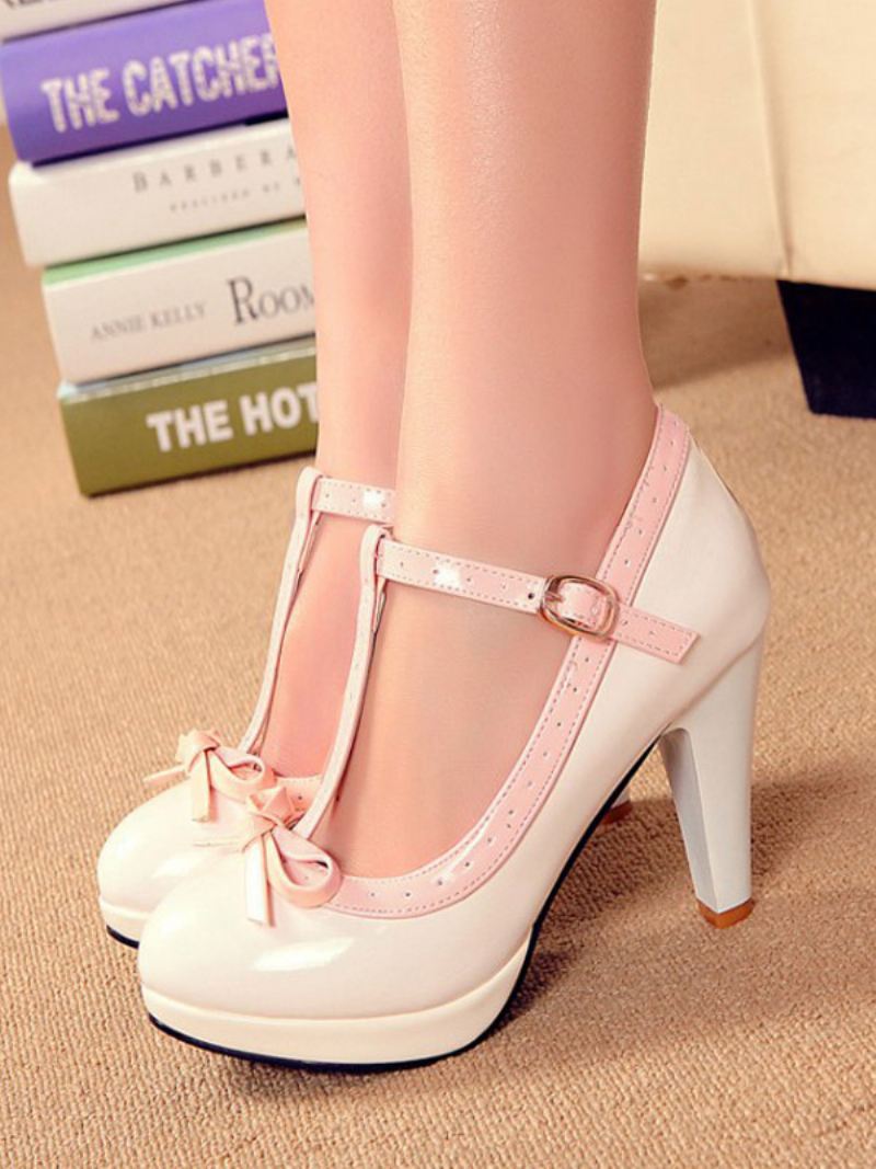 Dames Witte Kitten Heel T-riem Vintage Schoenen