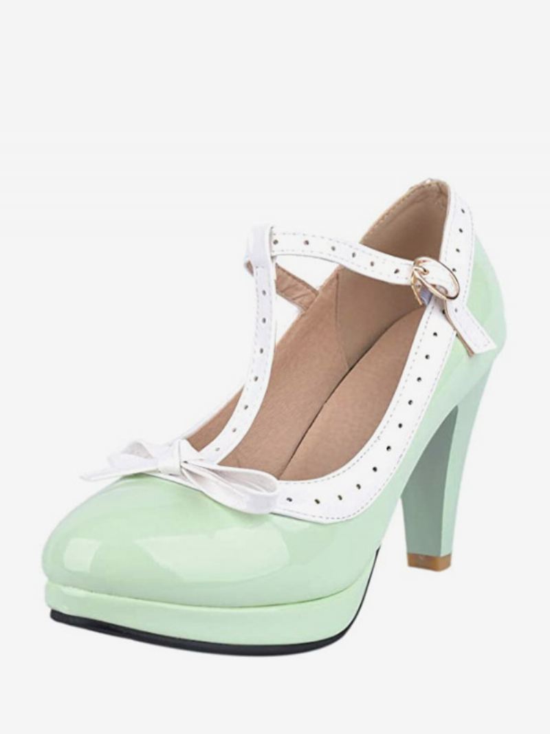 Dames Witte Kitten Heel T-riem Vintage Schoenen - Lichtgroen