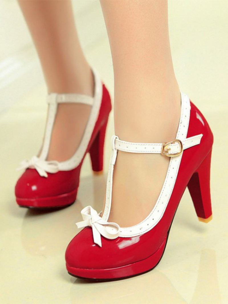 Dames Witte Kitten Heel T-riem Vintage Schoenen - Rood