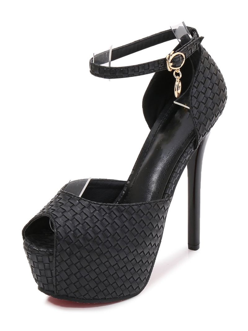 Dames Witte Peep Toe Schoenen Metalen Details Elegante Enkelband Zomerse Sexy Platform Hakken - Zwart