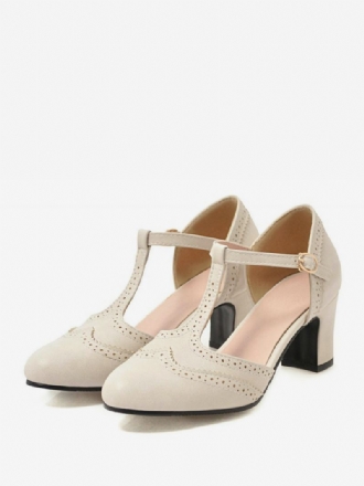 Dames Witte Vintage Schoenen Dikke Heek T-riempompen