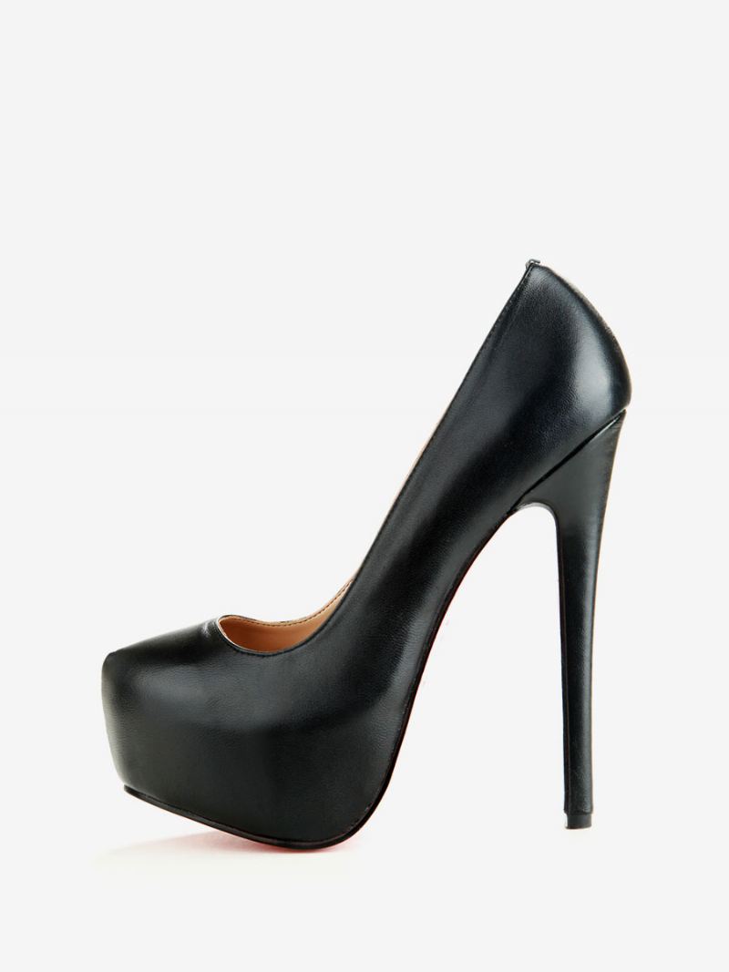 Dames Zwart Pu-leer Platform Hakken Stiletto Pumps Schoenen Met Hak