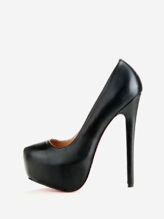 Dames Zwart Pu-leer Platform Hakken Stiletto Pumps Schoenen Met Hak