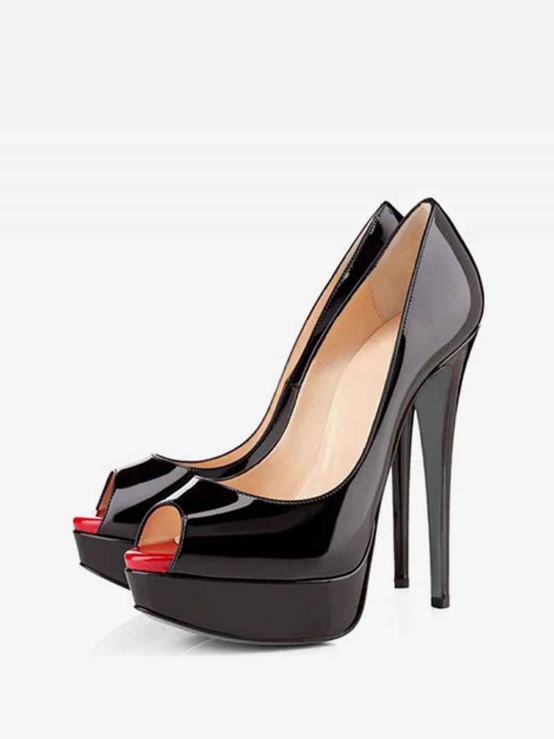 Dames Zwarte Peep Toe Hakken Platform Naaldhak Pompen Sexy Schoenen