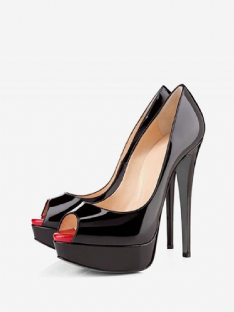 Dames Zwarte Peep Toe Hakken Platform Naaldhak Pompen Sexy Schoenen