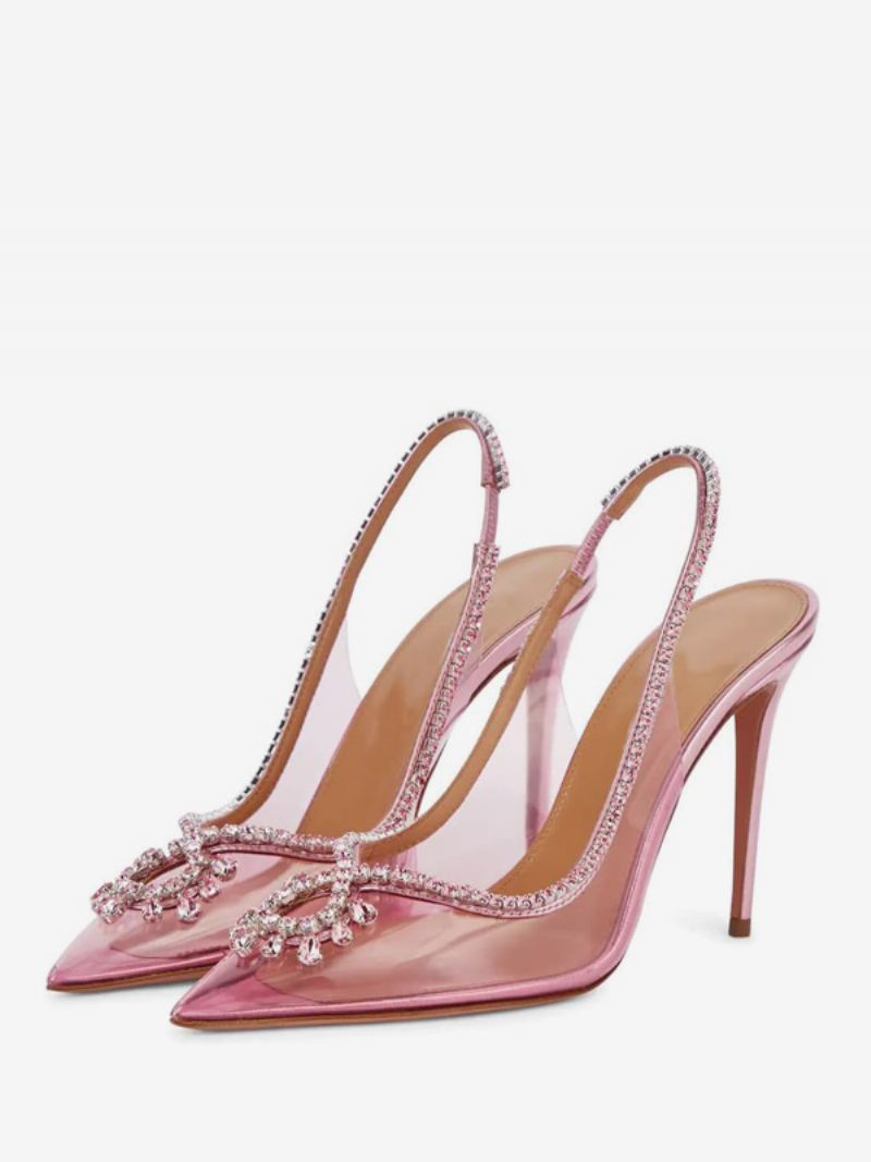 Damesgalaschoenen Roze Puntige Neus Strass Slingback Hoge Hakpompen