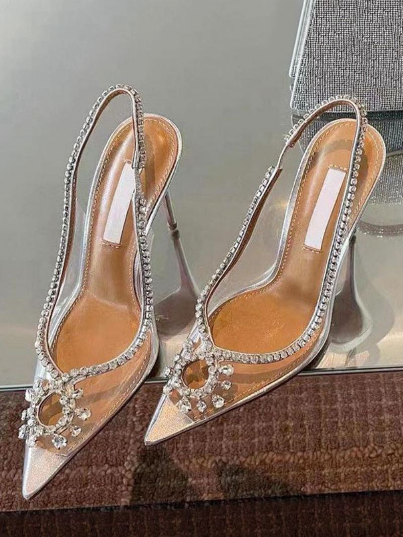 Damesgalaschoenen Roze Puntige Neus Strass Slingback Hoge Hakpompen - Zilver