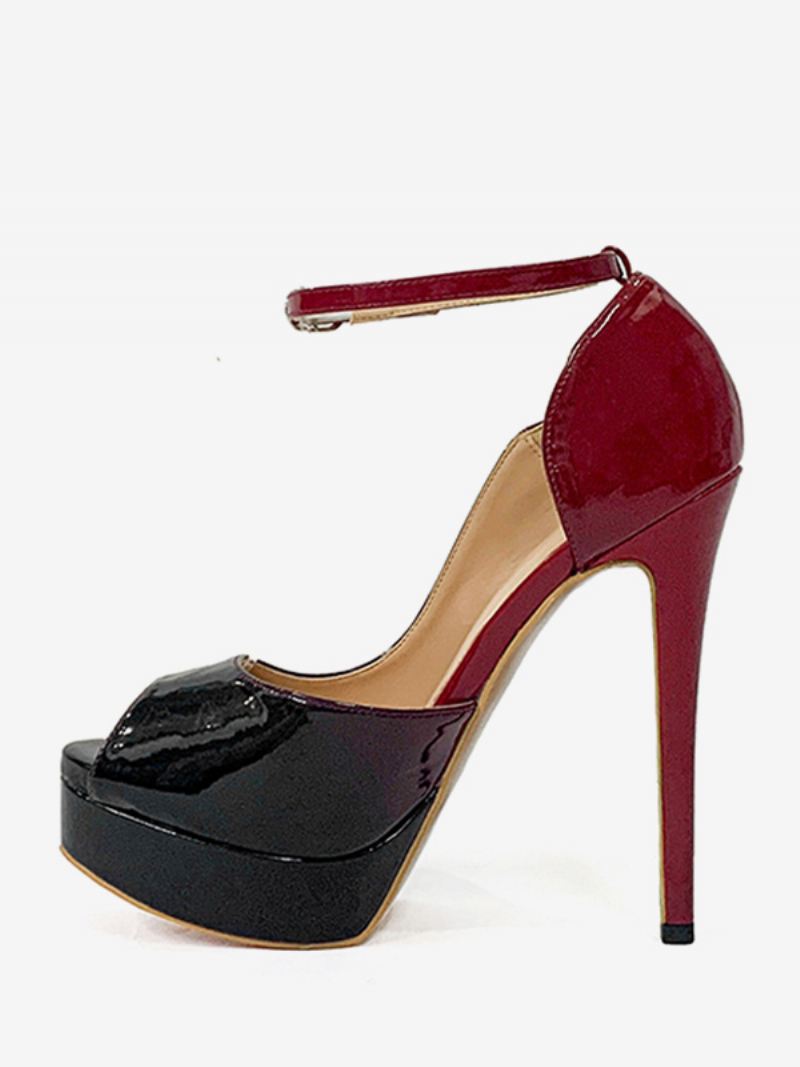 Damespumps Met Hoge Hakken Peeptoe-enkelbandjes - Zwart+Rood