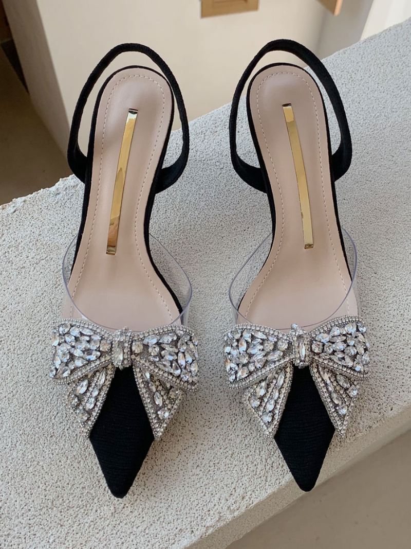 Damespumps Met Kittenhak Zwarte Puntschoen Strass Steentjes Strik Slingback Feestschoenen