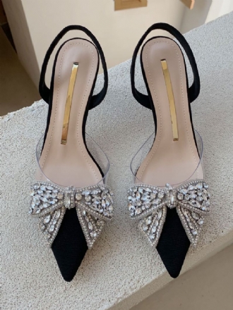 Damespumps Met Kittenhak Zwarte Puntschoen Strass Steentjes Strik Slingback Feestschoenen