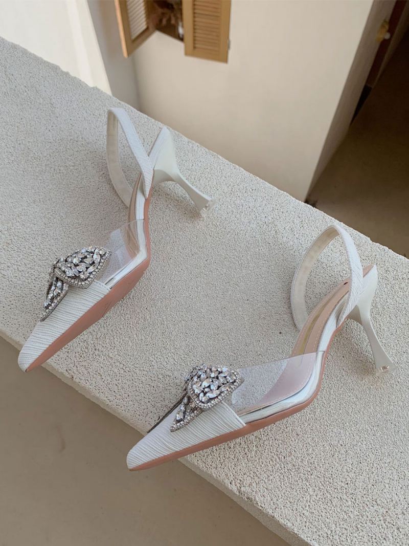 Damespumps Met Kittenhak Zwarte Puntschoen Strass Steentjes Strik Slingback Feestschoenen - Beige