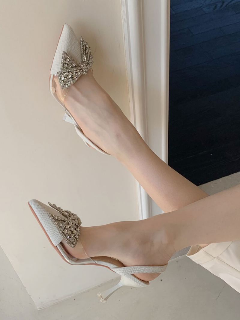 Damespumps Met Kittenhak Zwarte Puntschoen Strass Steentjes Strik Slingback Feestschoenen - Beige