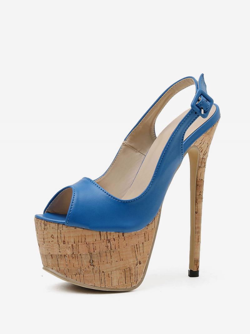 Damessandalen Met Hak Naaldhak Pu-leer Peeptoe Blauwe Slingback-pumps Hoge