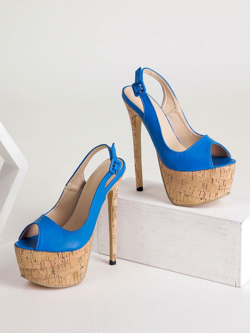 Damessandalen Met Hak Naaldhak Pu-leer Peeptoe Blauwe Slingback-pumps Hoge - Blauw