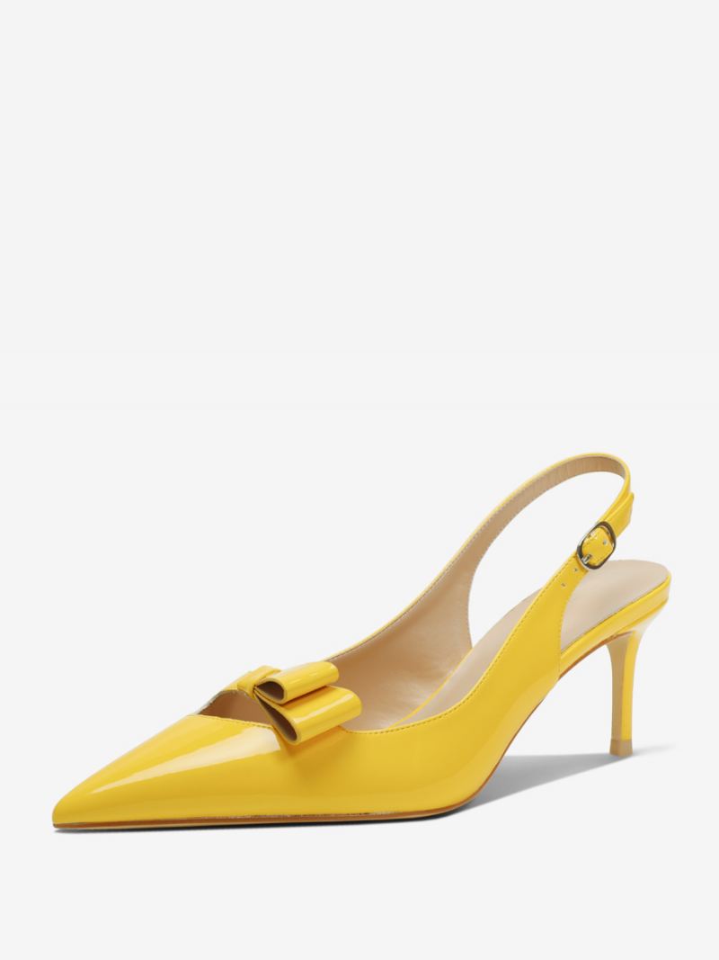 Damesschoenen Met Slingback-hak Zwarte Spitse Neus Strikdetail - Geel