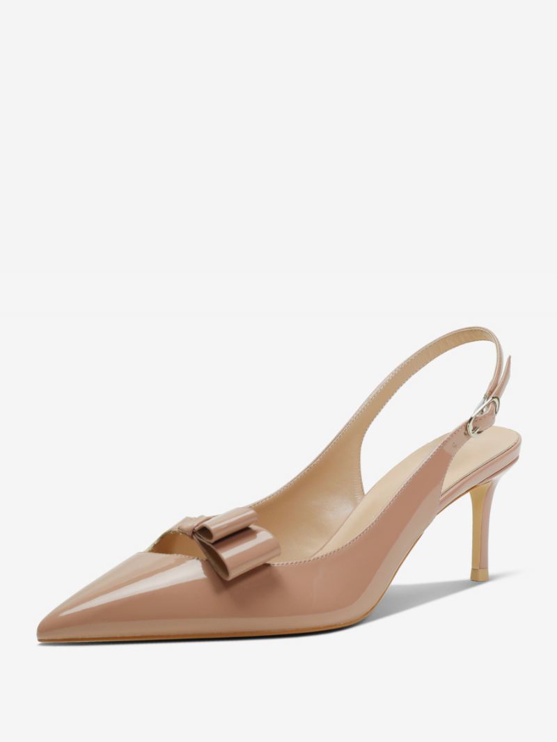 Damesschoenen Met Slingback-hak Zwarte Spitse Neus Strikdetail - Camel